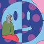Colorful illustration of a person sitting on a cartoon face split between smiling and frowning